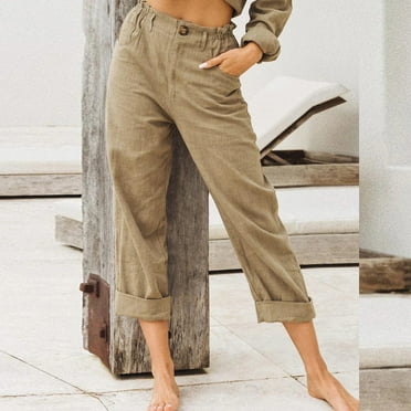 Womens Buttons Up Linen Capris,Capri Pants for Women Cotton Linen Elastic High Waist Wide Leg Lounge Cropped Pants with Pockets