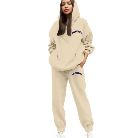 Womens CALIFORNIA City Zip Up Hoodie and Sweatpants Set Womens Sweatsuits Outfits 2 Piece Track Suits Jogging Suits Beige 3XL