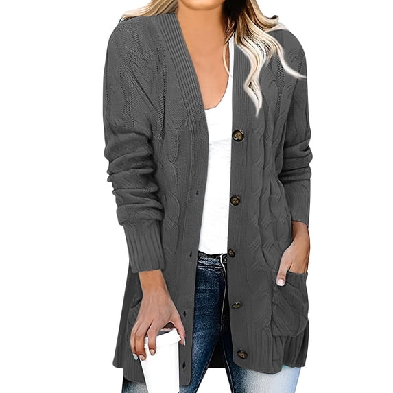 Womens Cable Knit Cardigan Long Sleeve Open Front Button Down Long Sweater Coat V Neck Casual Fall Winter Knitwear with Pocket Dark Gray XL