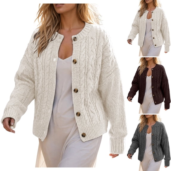 Womens Cable Knit Cardigan Sweaters Chunky Button Up Long Sleeve Warm Loose Sweater Womens Open Front Casual Knit Loose Fall Sweater