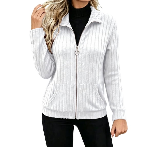 Womens Cable Knit Cardigan Zip up Collared Long Sleeve Sweater Loose Open Front Coats | Ribbed Hem, Cozy Soft Casual Wear, Fall Clothes Winter Outerwear QURATI