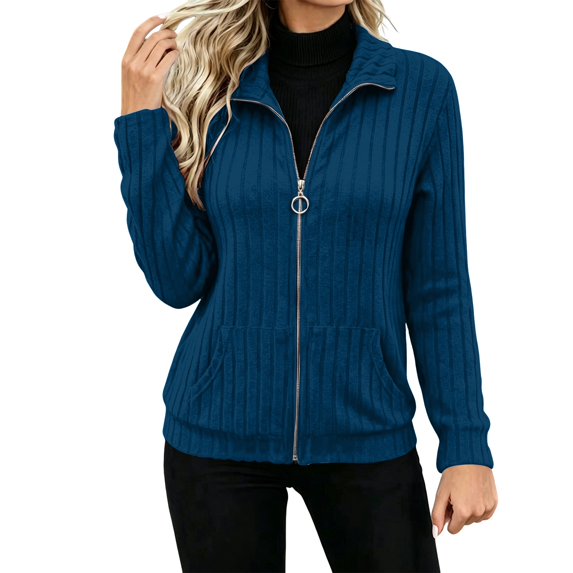 Womens Cable Knit Cardigan Zip up Collared Long Sleeve Sweater Loose Open Front Coats | Ribbed Hem, Cozy Soft Casual Wear, Fall Clothes Winter Outerwear QURATI