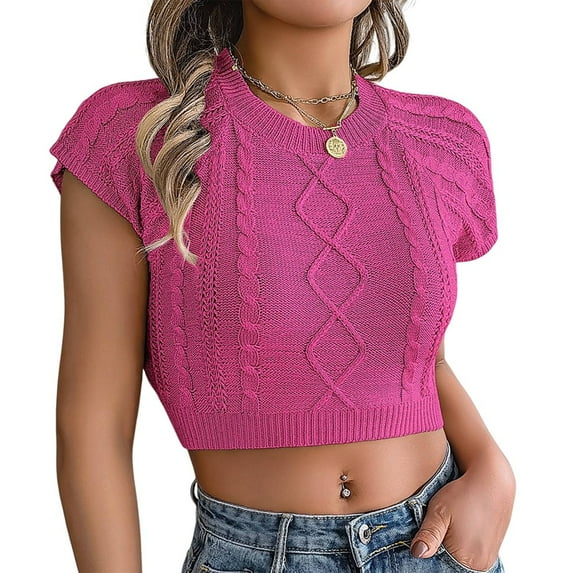 Womens Cable Knit Crop Cap Sleeve Crew Neck Slim Fit Solid Color Stretchy Summer Short Sleeve Sweater Rose Red L