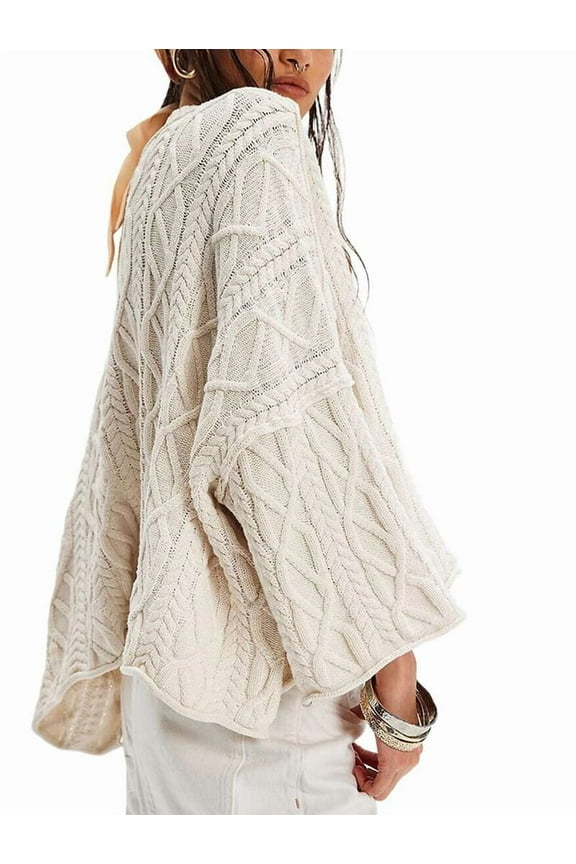 Womens Cable Knit Cropped Sweaters Oversized 3/4 Sleeve Crew Neck Fall Casual Pullover Tops S