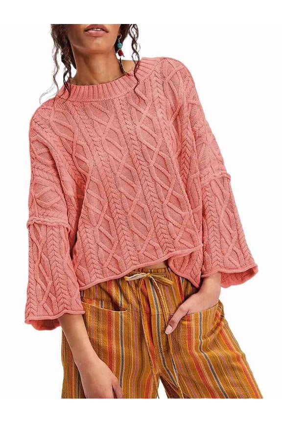 Womens Cable Knit Cropped Sweaters Oversized 3/4 Sleeve Crew Neck Fall Casual Pullover Tops Watermelon Red M