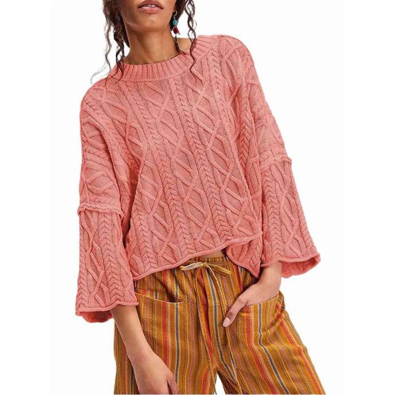 Womens Cable Knit Cropped Sweaters Oversized 3/4 Sleeve Crew Neck Fall Casual Pullover Tops Watermelon Red S