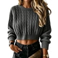 thumbnail image 1 of Womens Cable Knit Cropped Sweaters Oversized Fall Long Sleeve Pullover, L, 1 of 5