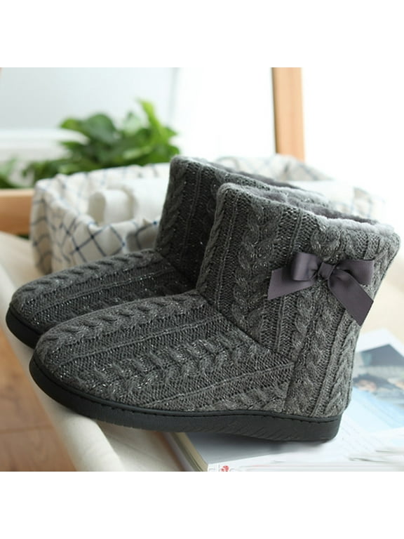 Womens Cable Knit Fleece Lined Ankle House Slipper Boots Round Toe Flat Non Slip Warm Indoor Sock Booties for Winter Bedroom Daily Use Gray 35