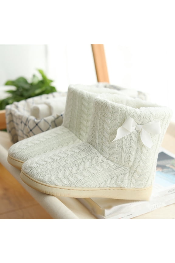 Womens Cable Knit Fleece Lined Ankle House Slipper Boots Round Toe Flat Non Slip Warm Indoor Sock Booties for Winter Bedroom Daily Use White 37