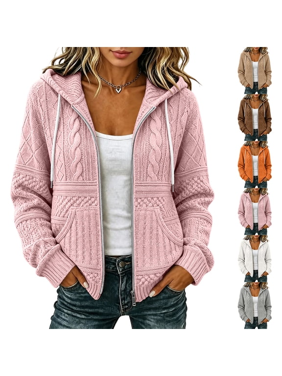 Womens Cable Knit Hooded Cardigan Zip Up Sweater Long Sleeve Soft Warm Cozy Fall Winter Casual Comfortable Coat Khaki L