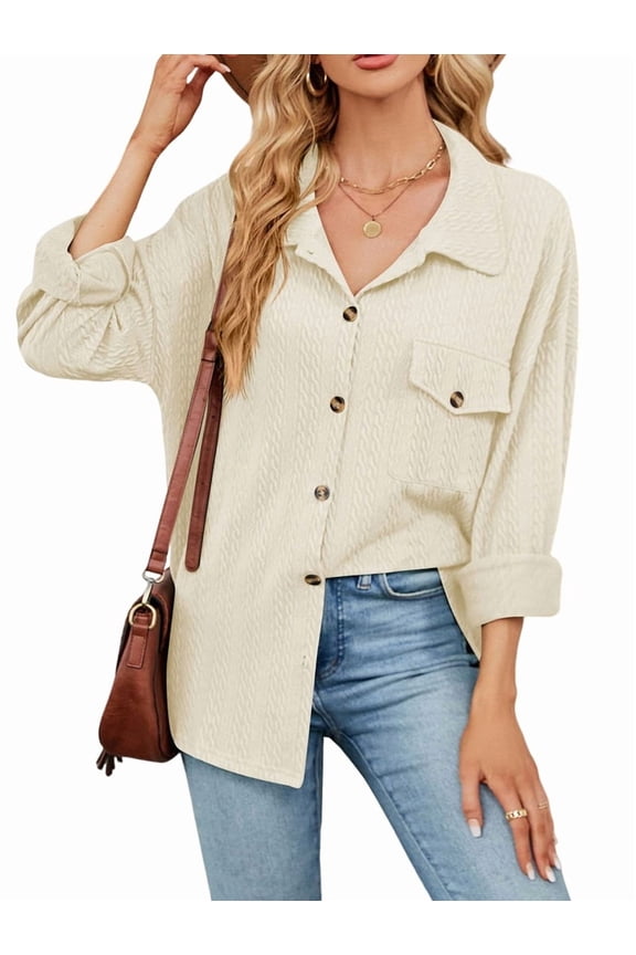 Womens Cable Knit Light-Weight Shacket Button Down Shirts Long Sleeve Casual Oversized Blouses Tops L
