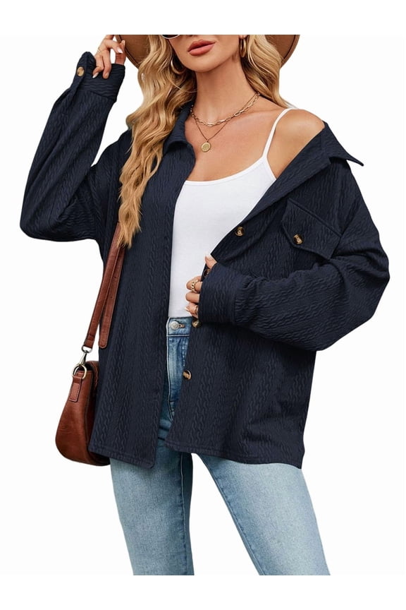 Womens Cable Knit Light-Weight Shacket Button Down Shirts Long Sleeve Casual Oversized Blouses Tops Navy Blue XL