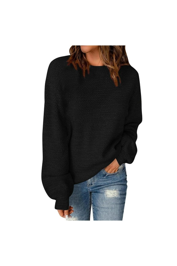 Womens Cable Knit Long Sleeve Sweater Crew Neck Solid Color Tops Casual Loose Pullover Sweatshirt Oversized Shirt (Black XL)