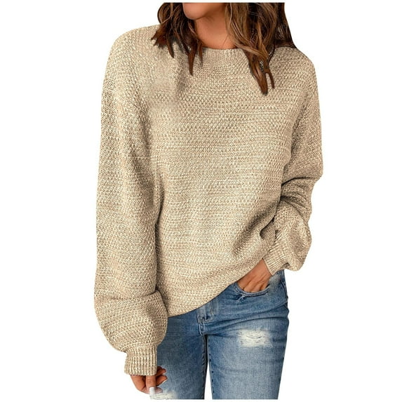 Womens Cable Knit Long Sleeve Sweater Crew Neck Solid Color Tops Casual Loose Pullover Sweatshirt Oversized Shirt (Khaki 2XL)