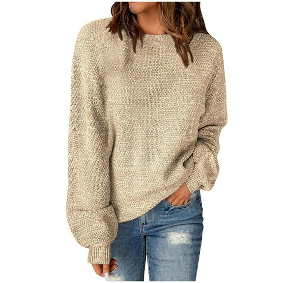Womens Cable Knit Long Sleeve Sweater Crew Neck Solid Color Tops Casual Loose Pullover Sweatshirt Oversized Shirt (Khaki M)