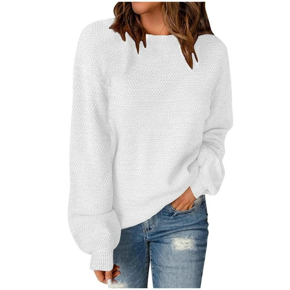 Womens Cable Knit Long Sleeve Sweater Crew Neck Solid Color Tops Casual Loose Pullover Sweatshirt Oversized Shirt (White L)