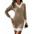 thumbnail image 1 of Womens Cable Knit Mini Sweater Dress V Neck Long Sleeve Preppy Color Block Pullover Tunic Sweaters Khaki M, 1 of 9