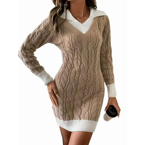 Womens Cable Knit Mini Sweater Dress V Neck Long Sleeve Preppy Color Block Pullover Tunic Sweaters Khaki M