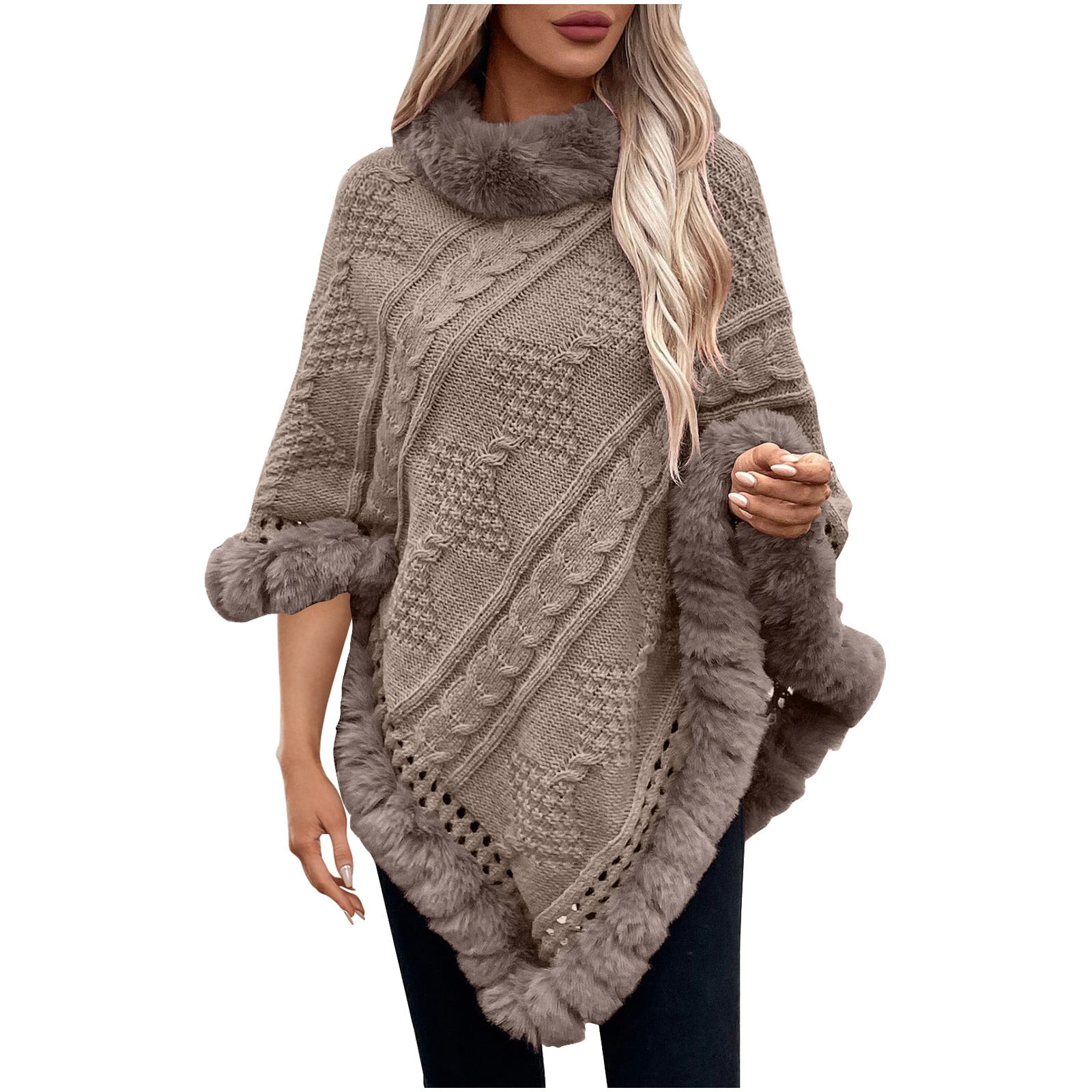 Womens Cable Knit Poncho Cape Winter Warm Coat Faux Fur Trim Shawl