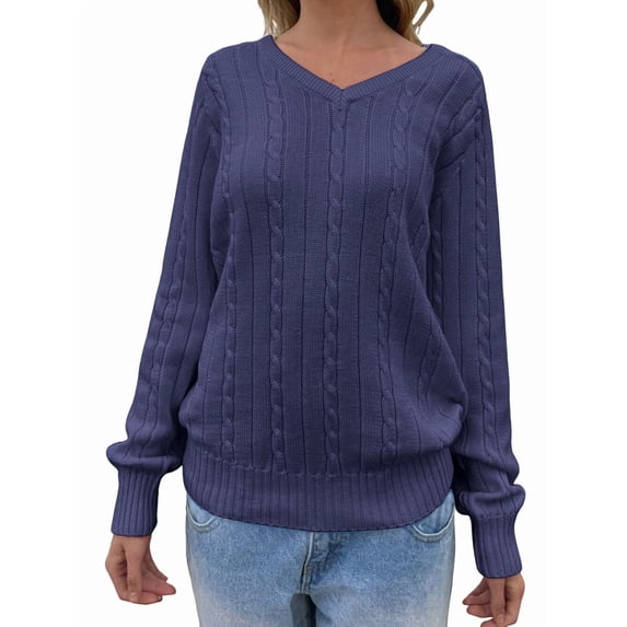 Womens Cable Knit Soft Business Casual Trendy Classic Pullover Sweaters Fall Outfits Navy Blue XL