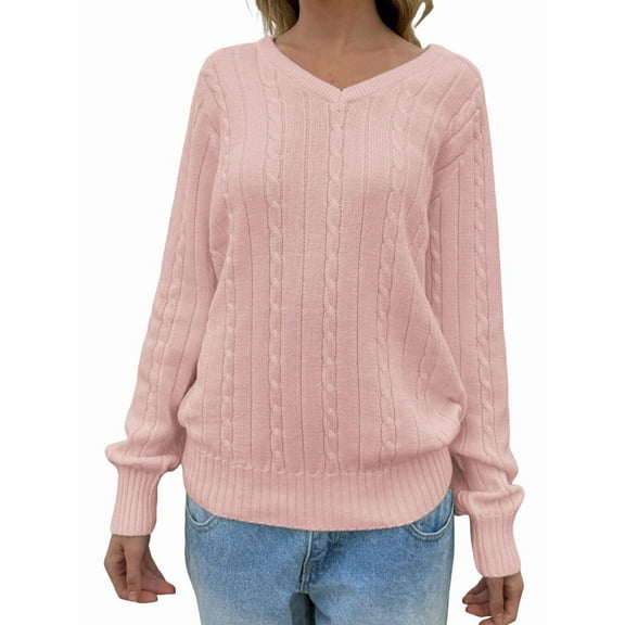 Womens Cable Knit Soft Business Casual Trendy Classic Pullover Sweaters Fall Outfits Pink M