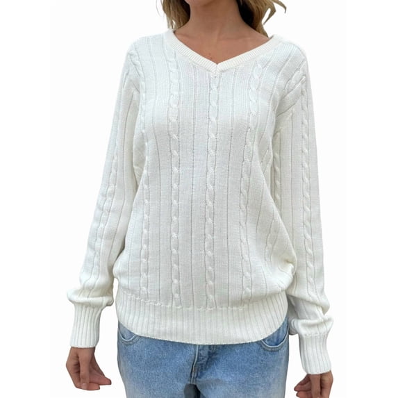 Womens Cable Knit Soft Business Casual Trendy Classic Pullover Sweaters Fall Outfits White L