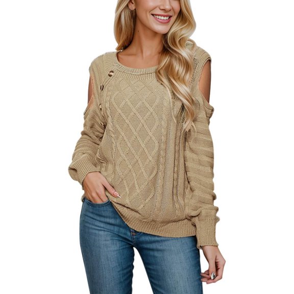 Womens Cable Knit Sweater Casual Off The Shoulder Buttoned Pullover Fall Winter