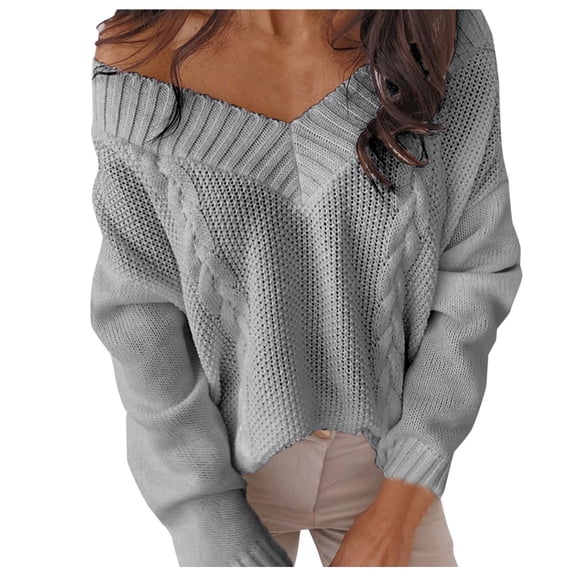 Womens Cable Knit Sweater Deep V-Neck Off Shoulder Oversized Knitted Pullover
