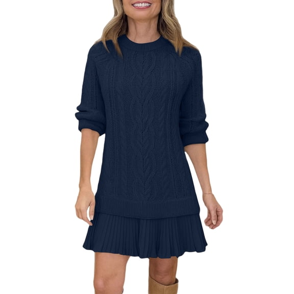 Womens Cable Knit Sweater Dress Crewneck Pleated Dresses Twofer Style Long Sleeve Mini Patchwork Dress 2026