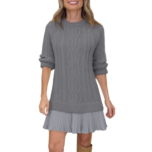 Womens Cable Knit Sweater Dress Crewneck Pleated Dresses Twofer Style Long Sleeve Mini Patchwork Dress 2026