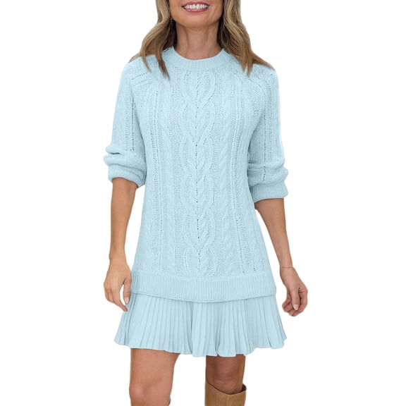 Womens Cable Knit Sweater Dress Crewneck Pleated Dresses Twofer Style Long Sleeve Mini Patchwork Dress 2026