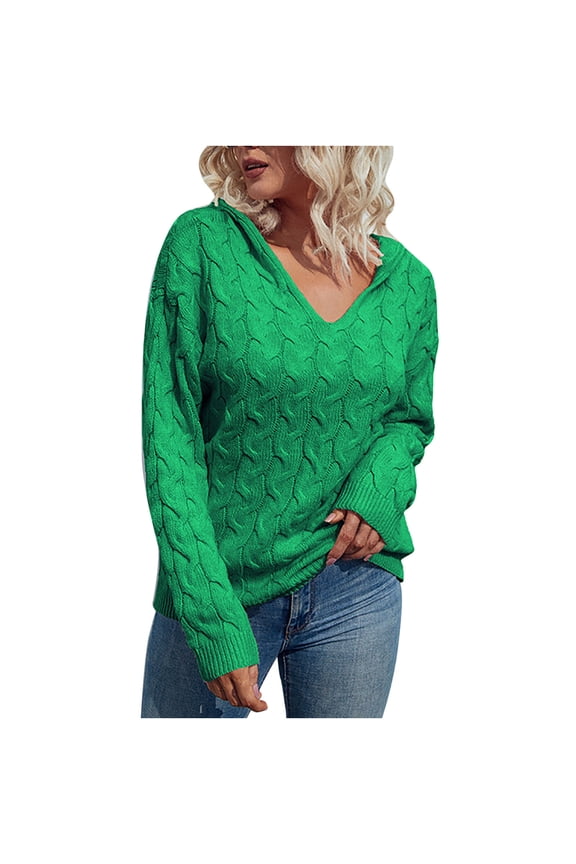 Womens Cable Knit Sweater Fall Comfy V Neck Hooded Pullover Tunic Solid Color Long Sleeve Sweater Tops
