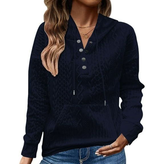 Womens Cable Knit Sweater Hoodies with Buttons Front Pocket Casual Loose Plain Pullover Drawstring Jumpers Tops (XL, Navy)