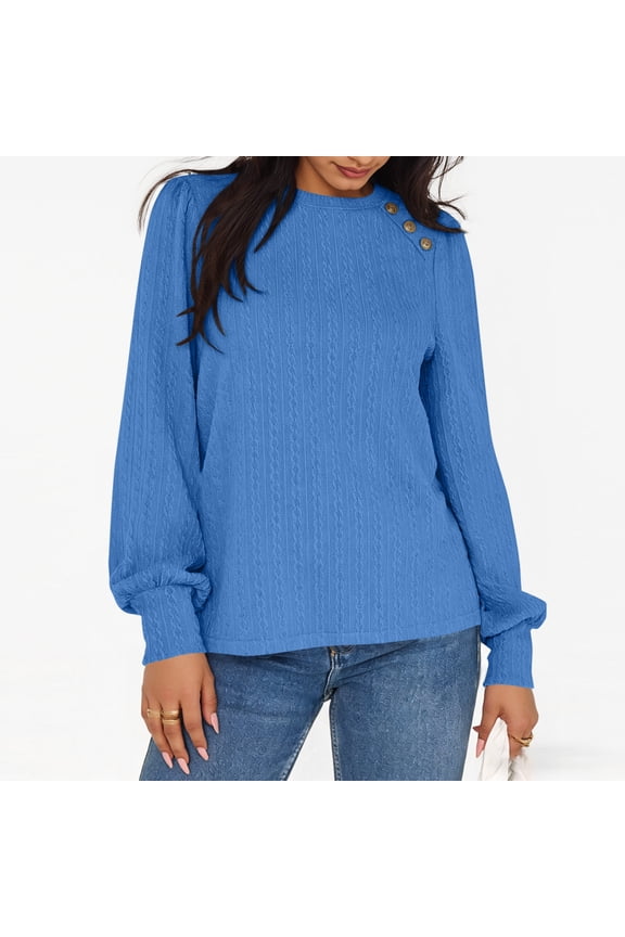 Womens Cable Knit Sweater Puff Sleeve Long Sleeve Top Blue Nylon Spandez Casual Comfort Wear,Size 2XL