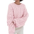 thumbnail image 1 of Womens Cable Knit Sweater Pullover Fall Outfits Crew Neck Long Sleeve Loose Fit Textured Pattern Soft Chunky Knitwear Top Pink XL, 1 of 3