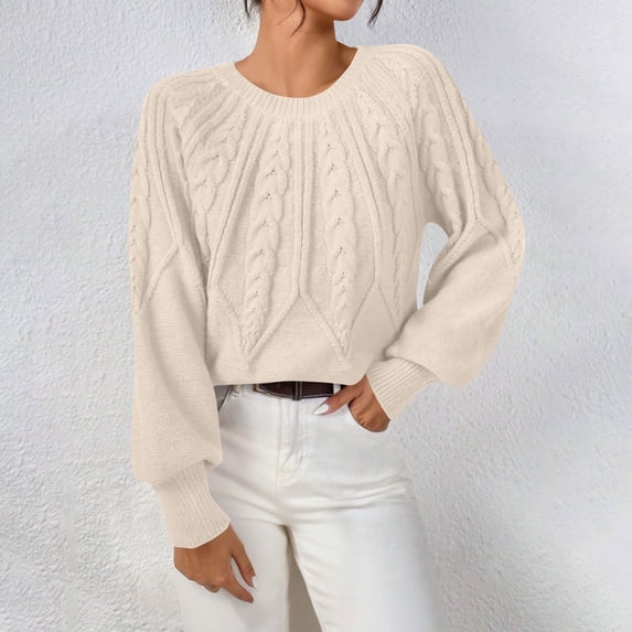 Womens Cable Knit Sweaters Crewneck Long Sleeve Chunky Knit Sweater Tops Fashion Fall Pullover Knitwear Beige S