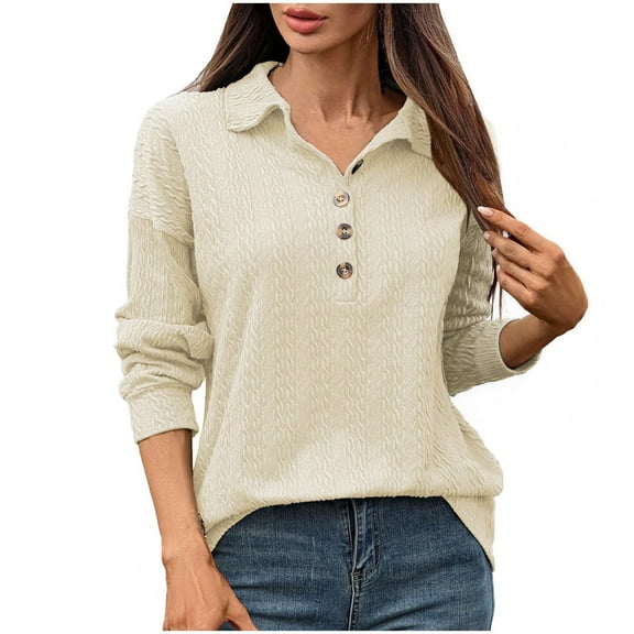 Womens Cable Knit Sweaters Long Sleeve Turndown Collar Button Shirts Casual Solid Color Classic Knit Sweaters