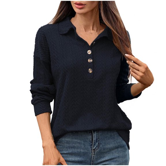 Womens Cable Knit Sweaters Long Sleeve Turndown Collar Button Shirts Casual Solid Color Classic Knit Sweaters