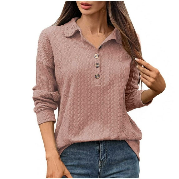 Womens Cable Knit Sweaters Long Sleeve Turndown Collar Button Shirts Casual Solid Color Classic Knit Sweaters