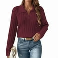 thumbnail image 1 of Womens Cable Knit Sweaters Long Sleeve V Neck Sweater Tops Casual Pullover Shirts Fall Fashion Outfits Dark Red L, 1 of 7