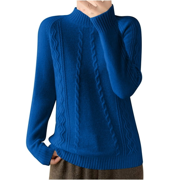Womens Cable Knit Sweaters Oversized Mock Neck Long Sleeve Tops Fall Casual Loose Solid Color Pullover Shirts (Blue L)
