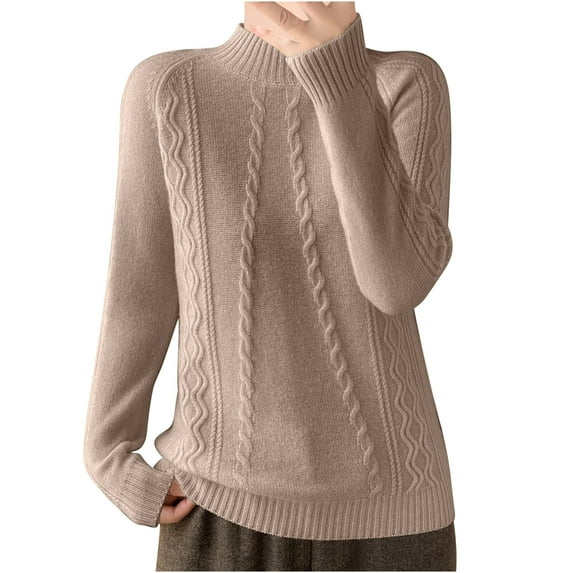 Womens Cable Knit Sweaters Oversized Mock Neck Long Sleeve Tops Fall Casual Loose Solid Color Pullover Shirts (Brown S)
