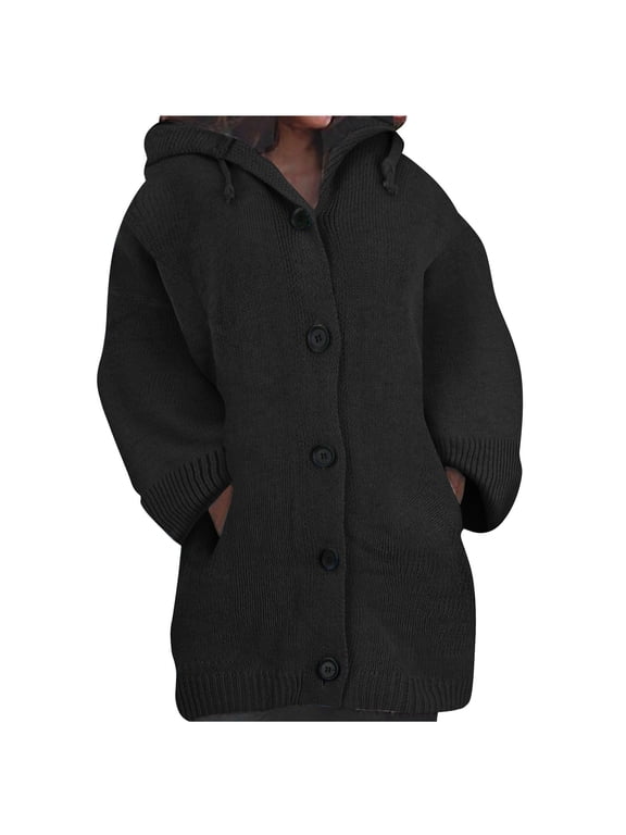 Womens Cable Knit Thick Button Hooded Cardigan Jackets Long Sleeve Chunky Fleece Winter Sweater Coats with Pockets Black M