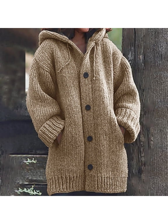 Womens Cable Knit Thick Button Hooded Cardigan Jackets Long Sleeve Chunky Fleece Winter Sweater Coats with Pockets Khaki M