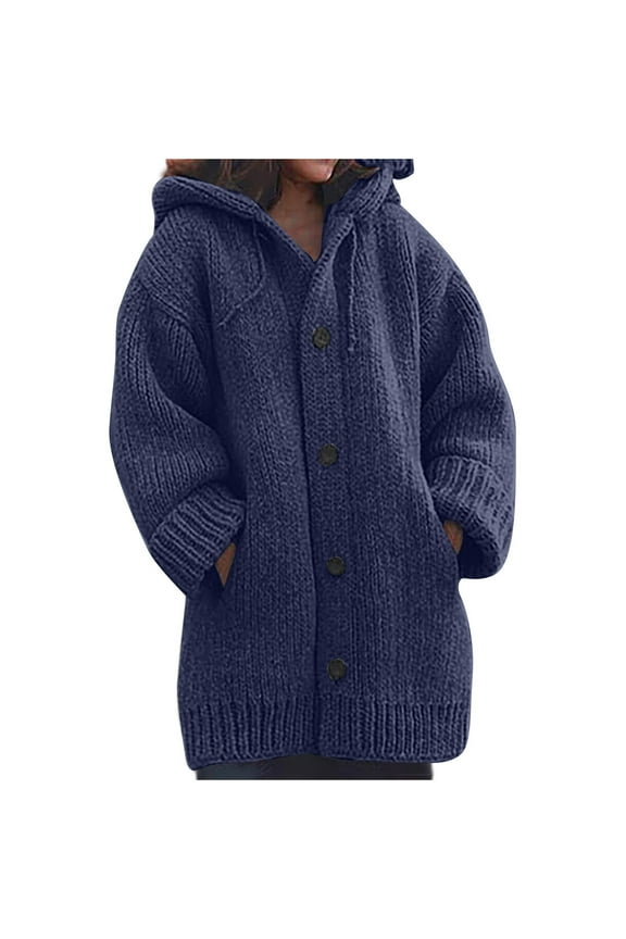 Womens Cable Knit Thick Button Hooded Cardigan Jackets Long Sleeve Chunky Fleece Winter Sweater Coats with Pockets Navy 3XL
