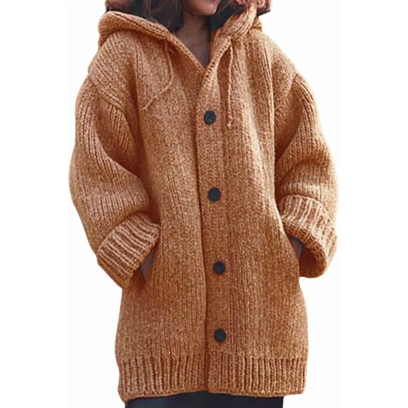 Womens Cable Knit Thick Button Hooded Cardigan Jackets Long Sleeve Chunky Fleece Winter Sweater Coats with Pockets