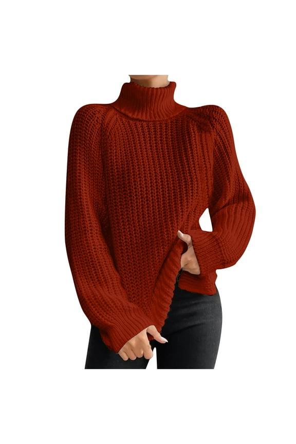 Womens Cable Knit Turtleneck Sweaters Loose Comfy Casual Winter High Neck Tunic Tops Solid Color Knitwear S-3XL (Small, Wine)