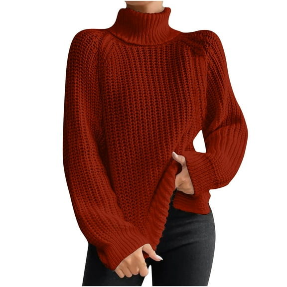Womens Cable Knit Turtleneck Sweaters Loose Comfy Casual Winter High Neck Tunic Tops Solid Color Knitwear S-3XL (X-Large, Wine)