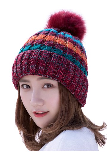 Bonnet Vintage Slalom En Laine 100% - Coloris Rose Violet Blanc - Occasion Très Bon état