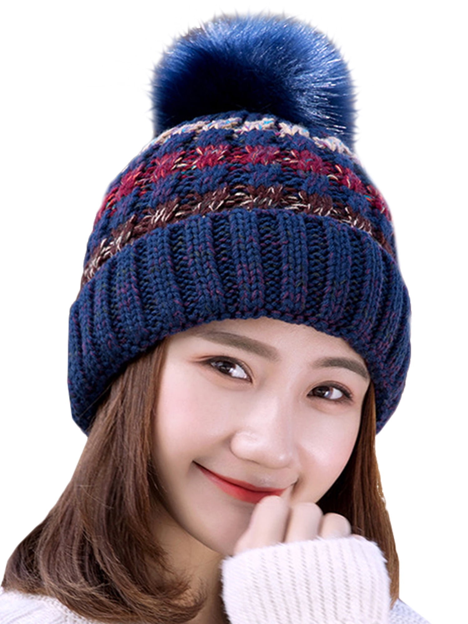 New Beanie Skull Cap Winter Ski Snow Cap Fur Pom Poms Women Hats Female  Skullie